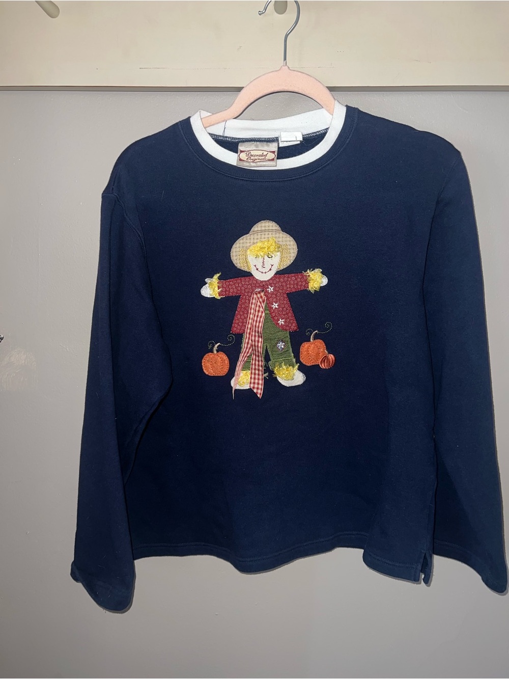 Navy Scarecrow Appliqué Sweatshirt - Cozy Fall Top